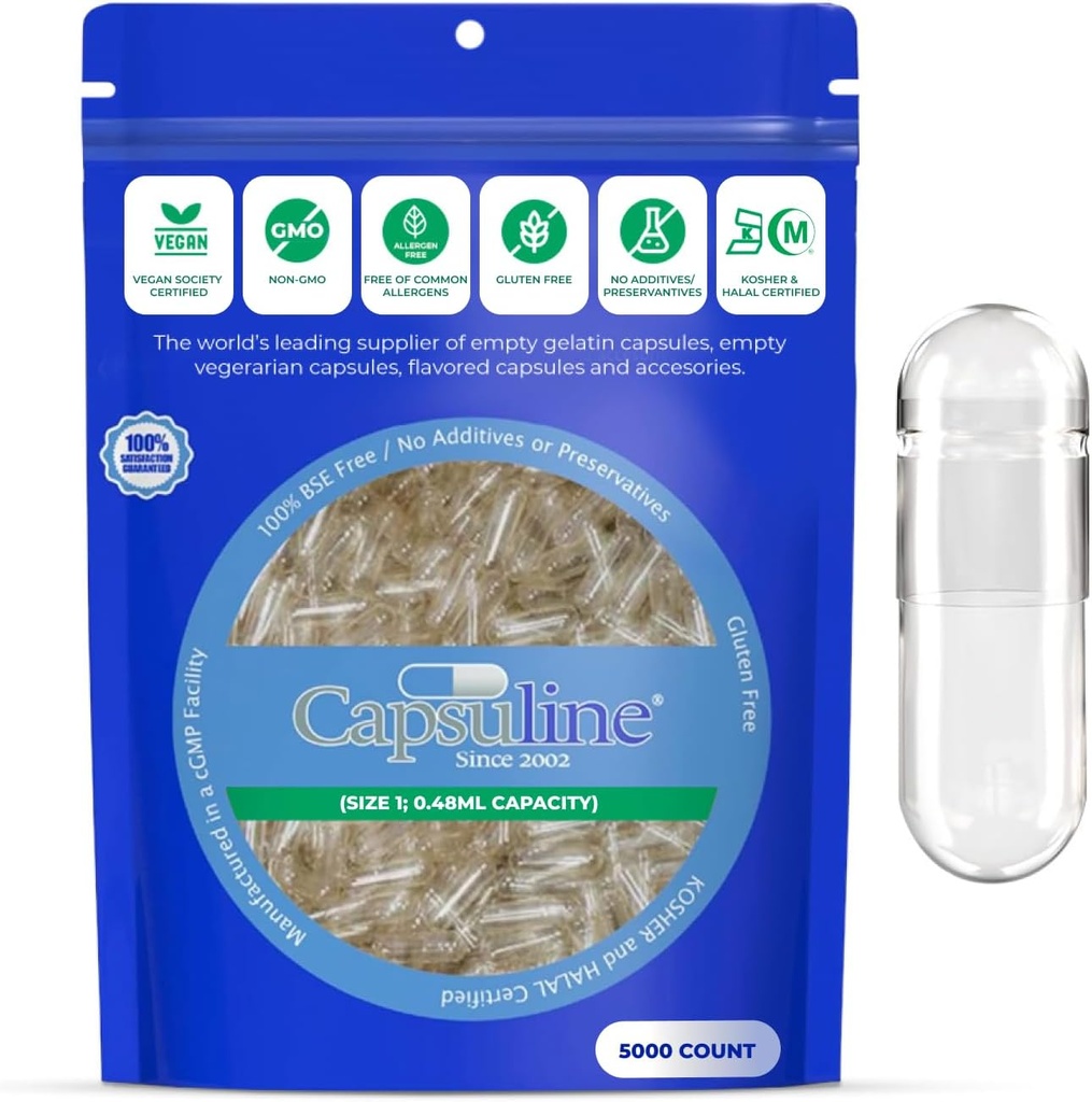 Capsuline Size 1 - Clear Empty Vegan Capsules - 5000 Count - Empty Veggie Pill Capsules - DIY Vegetable Capsule Filling - Empty Caps - Kosher and Halal Certified - Non-GMO Certified