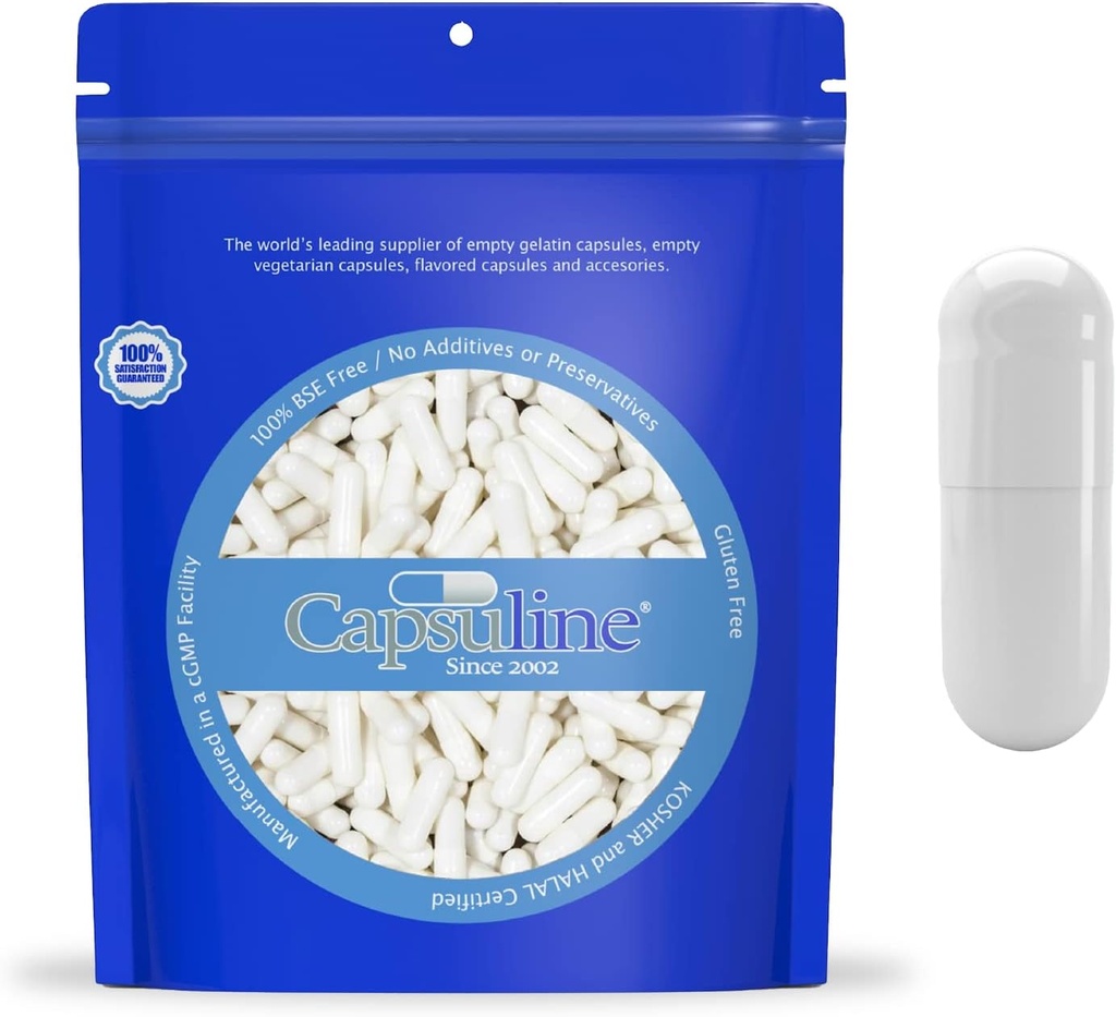 Capsuline Size 000 - Colored White Empty Gelatin Capsules - 10000 Count - Empty Gel Pill Capsules - DIY Pure Bovine Pill Capsule Filling - Empty Caps - Kosher and Halal Certified - Non-GMO Certified