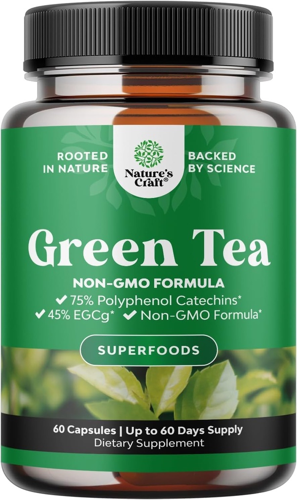 Green Tea Extract Capsules - 500mg Pure Leaf Green Tea Caffeine Supplement - EGCG, Caffeine Extract & Polyphenols Supplement for Healthy Metabolism Support for Women & Men - Natural Detox - 60 Count