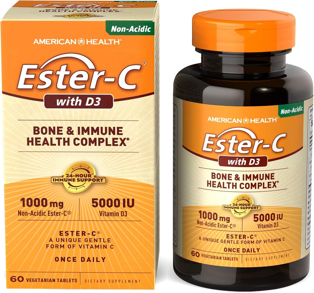 American Health EsterC with D3 Bone Immune Complex Vegetarian Tablets 24Hour Immune Support 1000 mg EsterC 5000 IU Vitamin D3 NonAcidic Vitamin C Servings, 60 Count