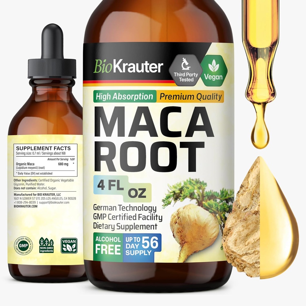 BIO KRAUTER Maca Root Liquid Drops - Maca Extract Tincture - Vegan, Sugar & Alcohol Free Extract 4 Fl.Oz.