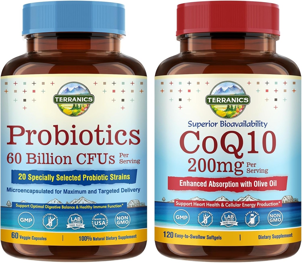 Terranics Probiotics & CoQ10 Bundle, Heart & Digestion Health, 60 Billion Probiotics, Bioactive Coenzyme Q10 200mg, Extra Virgin Olive Oil, Bundle & Save