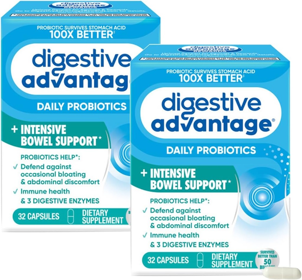 Digestive Advantage Intensive Bowel Support Probiotic Defends Against Gas & Bloating, 32 Count Capsules (2 Pack)