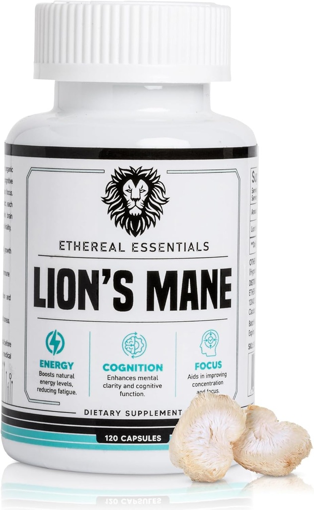 Lions Mane Mushroom Cognition Capsules (120 Count) - Mushroom Powder Lion's Mane Extract - Brain Vitamins - Cognition - Focus Supplement