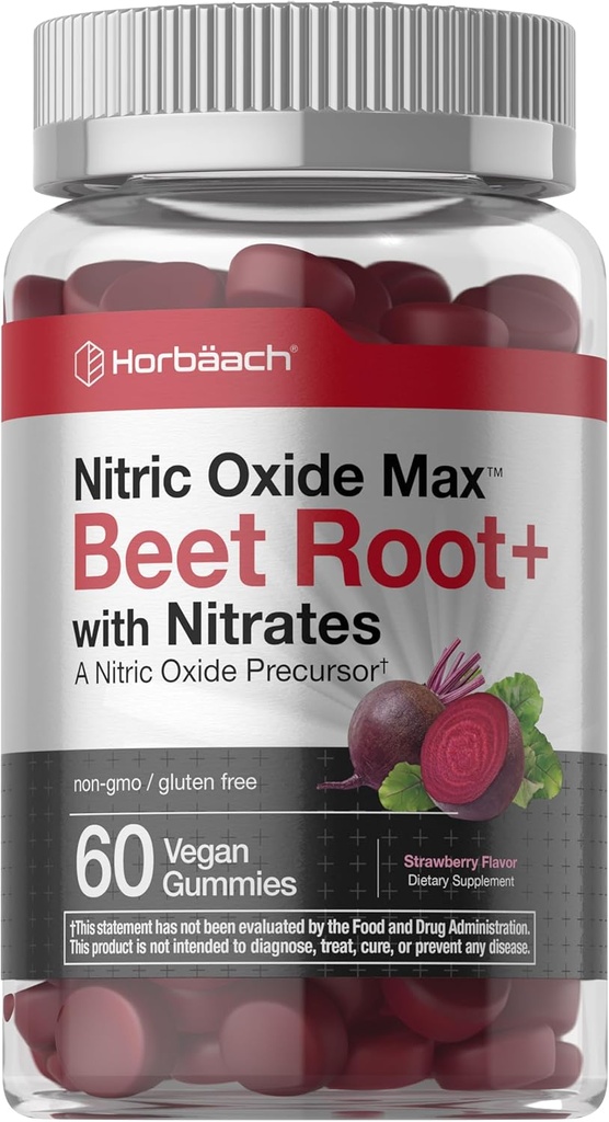 Horbäach Nitric Oxide Beet Root Gummies | 60 Count | with Nitrates | Strawberry Flavor | Vegan, Non-GMO, Gluten Free Supplement