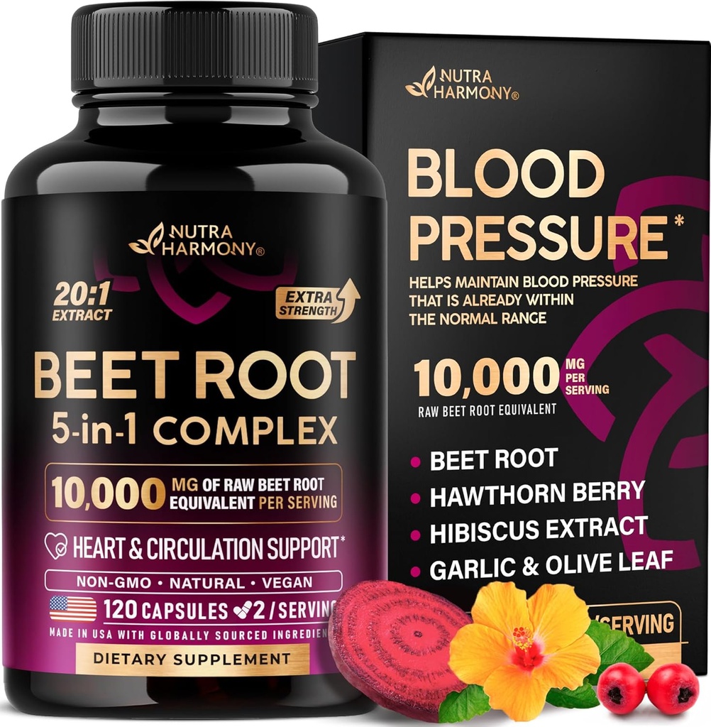 Beet Root Capsules - Healthy Blood Pressure Support Supplement** for Heart & Circulation Support - with Hawthorn Berry, Hibiscus & Garlic - Nitric Oxide for Energy - Made in USA, 120 Capsules