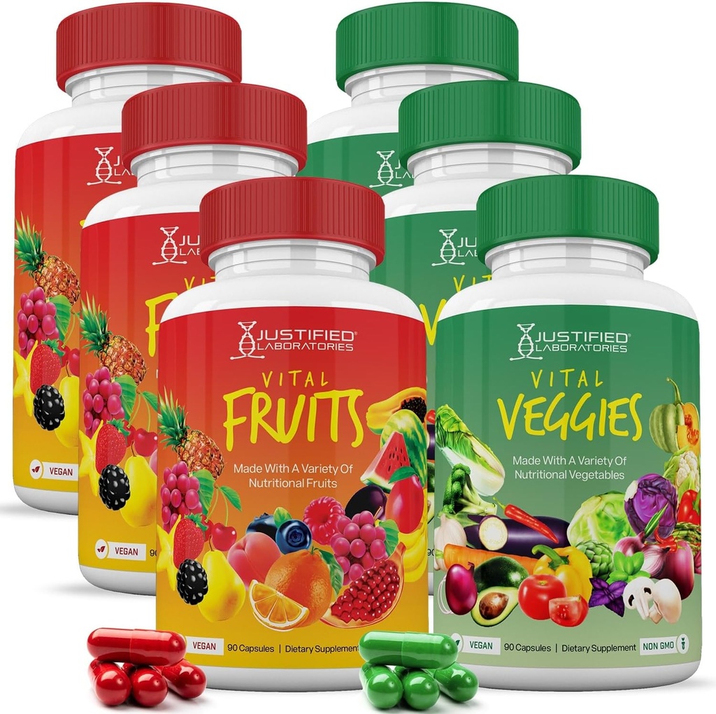Justified Laboratories (6 Pack Vital Fruits and Veggies Supplement Whole Food Red & Green Superfoods Non GMO Vegan Friendly 540 Veggie Capsules 6 Bottles