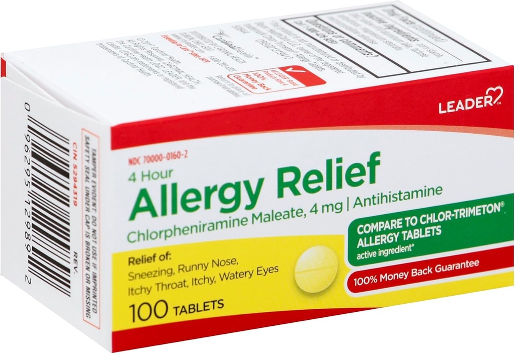 Leader 4 Hour Allergy Relief, Chlorpheniramine Maleate 4 mg Tablets, Fast-Acting Relief for Sneezing, Runny Nose, Itchy Eyes, Allergies, 100 Tablets