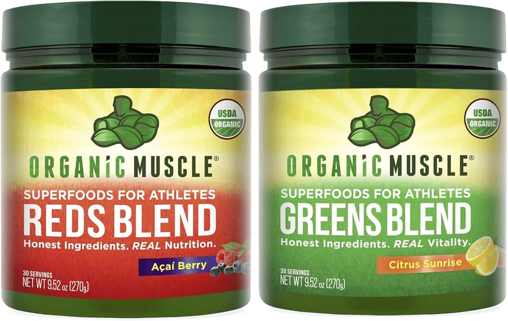 Organic Muscle Vegan Greens and Reds Superfood Powder - USDA Organic & Plant Based Red Juice & Green Juice Powder Bundle for Energy, Focus, Digestion & Immune System - Non GMO 30 Servings