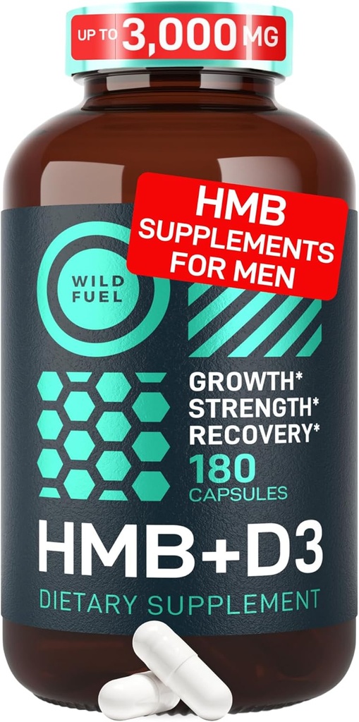 WILD FUEL 3,000mg HMB Supplement Plus Vitamin D3 - Muscle Growth, Strength, Fast Workout Recovery HMB Supplements for Men and Women - Calcium Beta-Hydroxy Beta-Methylbutyrate - 180 Capsules