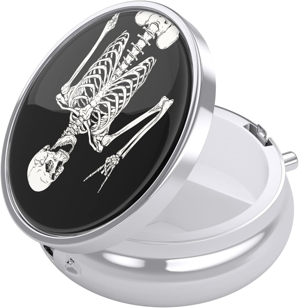 Nipichsha Pill Box, Small Pill Case for Purse & Pocket, Cute Travel Medicine Organizer, Portable Medicine Container Holder to Hold Vitamins, Medication, Fish Oil & Supplement, Human Skeleton