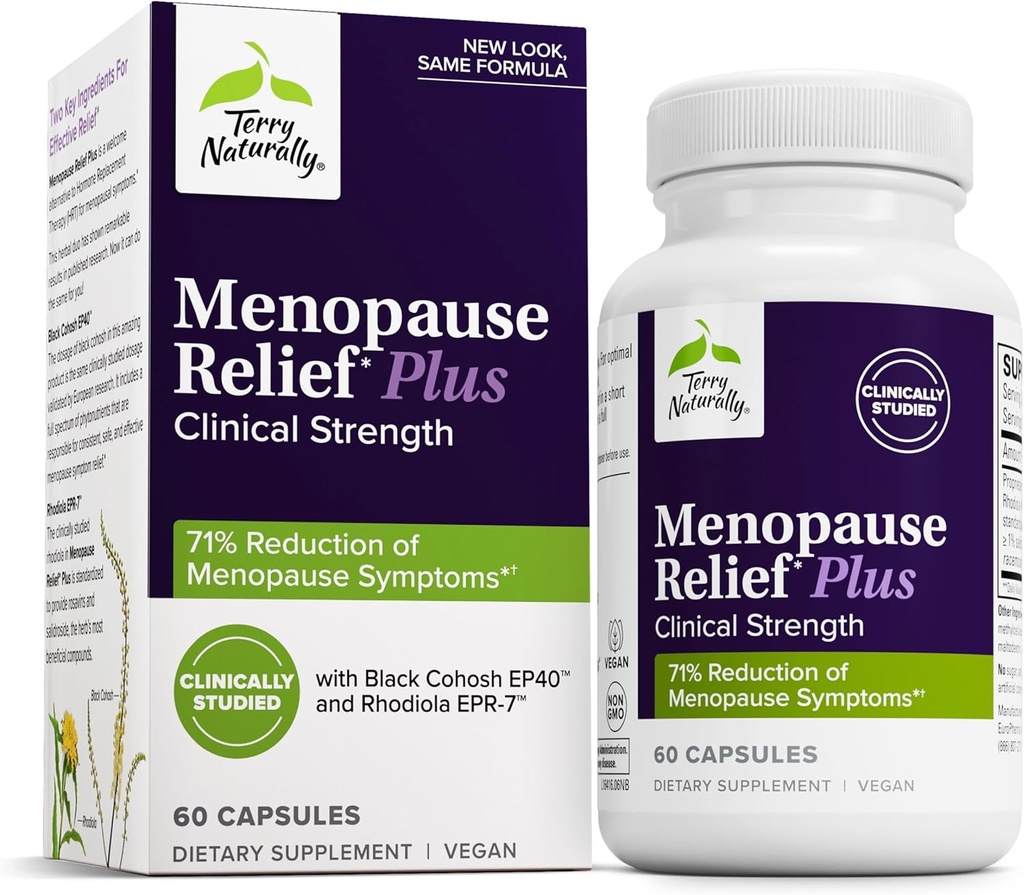Terry Naturally Menopause Relief Plus - Menopause Symptom Supplement - Supplement to Aid Against Occasional Tiredness & Night Sweats - Supplement with Rhodiola & Black Cohosh - 60 Capsules