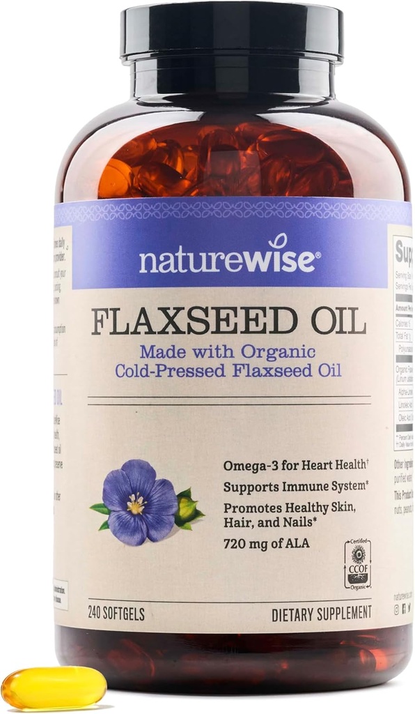 NatureWise Flaxseed Oil 1,242 mg, Fish Free Omega 3 6 9 with 720mg ALA, Dietary Supplement for Heart Health Support - Organic, Cold Pressed, Non-GMO - 240 Softgels[8-Month Supply]