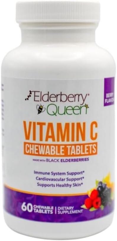 Elderberry Queen Chewable Vitamin C 500mg - Immune Boost & Antioxidant Support Tablets with Vitamin A, E & Organic Echinacea, Elder Fruit, Acerola - Natural Dietary Supplement, 60 Count