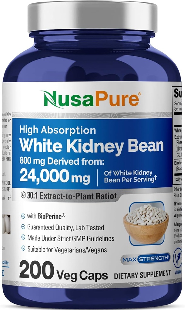 NusaPure White Kidney Beans 30:1 Extract, 800 mg Equivalent to 24,000 mg 200 Vegan Capsules - Bioperine - (Vegan, Non-GMO)