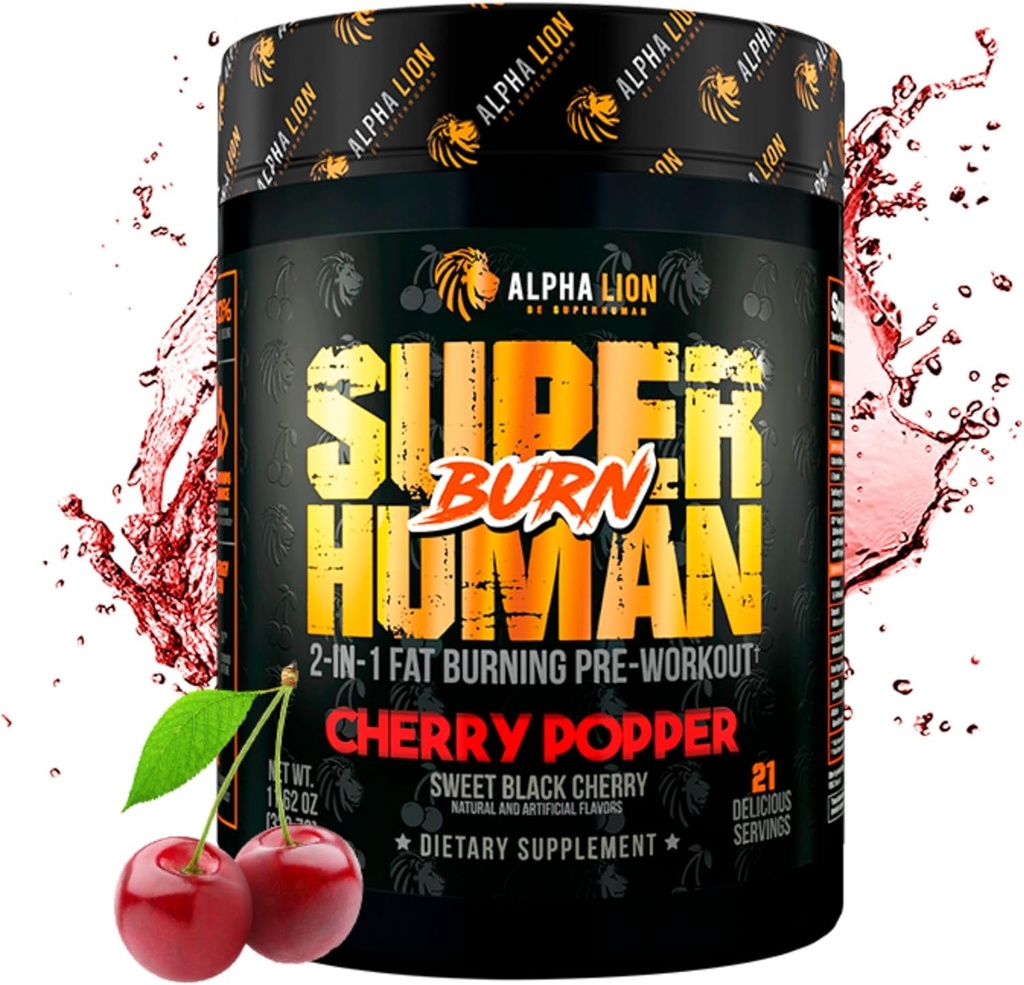 ALPHA LION Superhuman Burn – 2 in 1 Metabolism Booster Pre Workout and Thermogenic Fat Burner for Men – Appetite Suppressant and Weight Loss Supplement (21 Servings, Sweet Black Cherry Flavor)