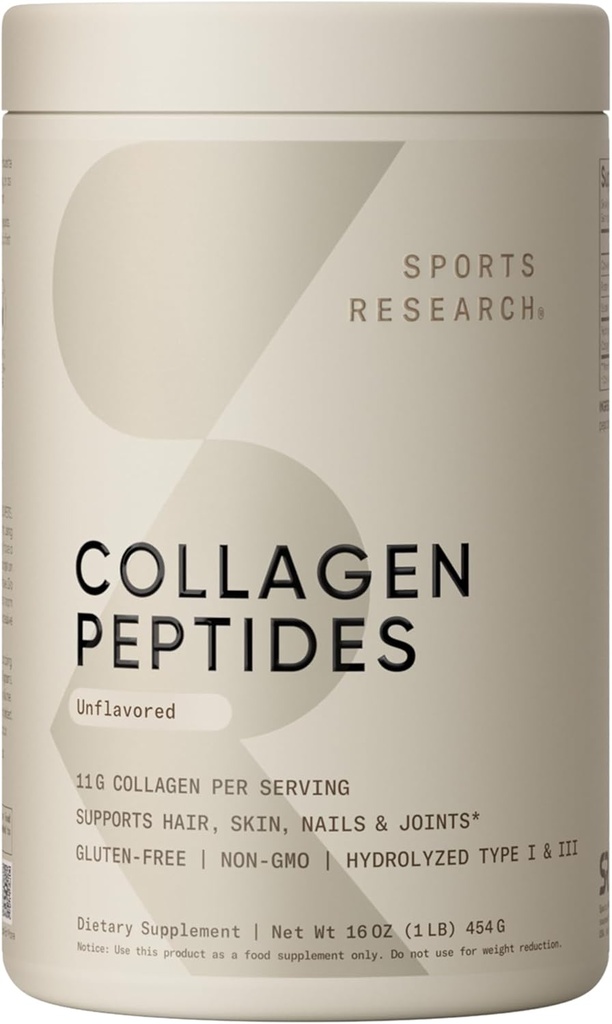 Sports Research Collagen Peptides - Hydrolyzed Type 1 & 3 Collagen Powder Protein Supplement for Healthy Skin, Nails, & Joints - Easy Mixing Vital Nutrients & Proteins, Collagen for Women & Men