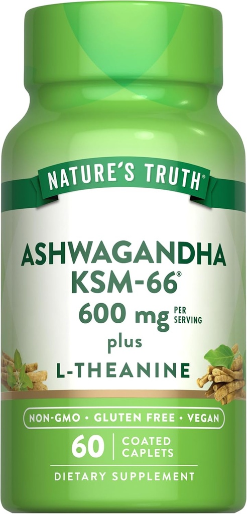 Nature's Truth KSM-66 Ashwagandha | 60 Caplets | with L-Theanine | Vegan, Non-GMO, & Gluten Free Supplement