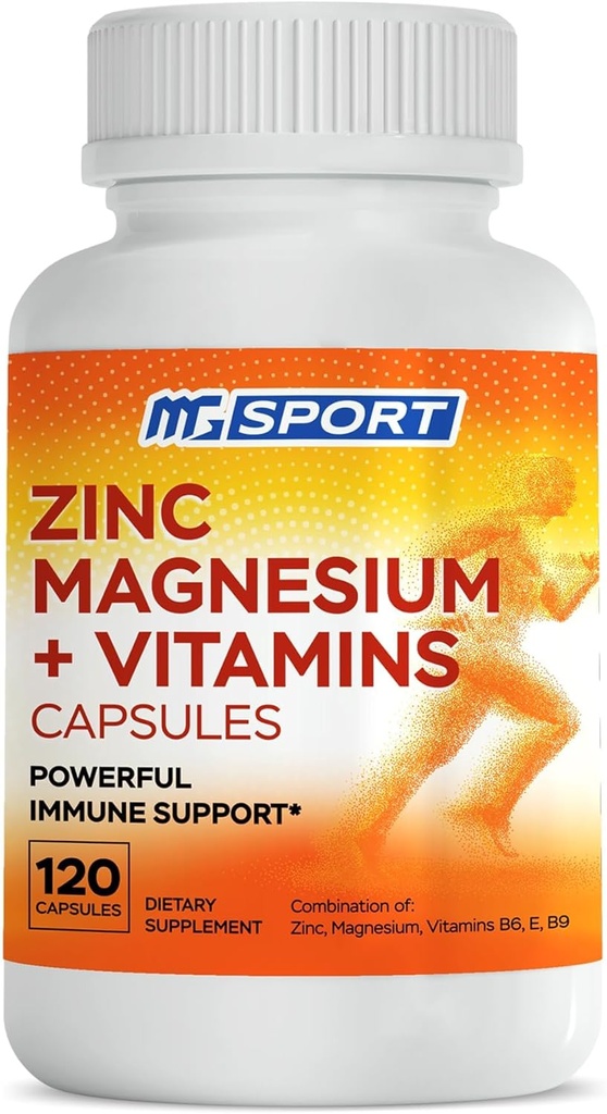 MgSport Magnesium Zinc Supplement with Vitamins B6, B9, High Absorption Zinc Magnesium Combination for Immune Support, Muscle Recovery, EZ-MG Easy on Stomach, 120 Capsules
