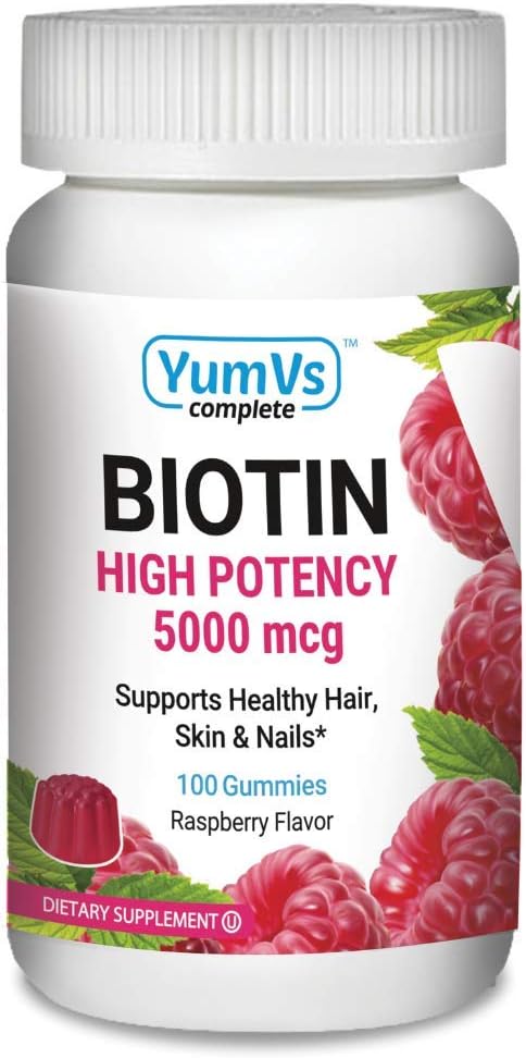 YUM-V's Biotin Gummies – High Potency Biotin Vitamins 5,000 mcg – Natural Raspberry Flavor Hair Vitamins – Kosher Hair Skin and Nails Gummies (100 Count)