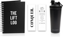 Stainless Steel Protein Shaker Bottle, Insulated Water Bottle with Black Carbon Fiber Wrap & Workout Journal with Bookmark – 6 Month Undated Daily Fitness Journal
