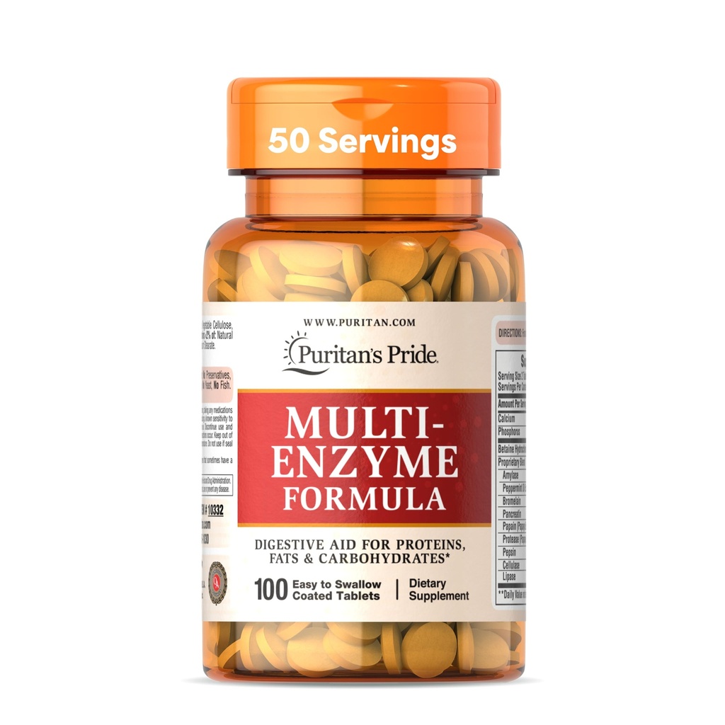 Puritan's Pride Multi-Enzyme Formula, Digestive Aid for Proteins, Fats, and Carbohydrates, Dietary Supplement for Digestion and Healthy Gut Support, 50 Day Supply, 100 Easy to Swallow Coated Tablets