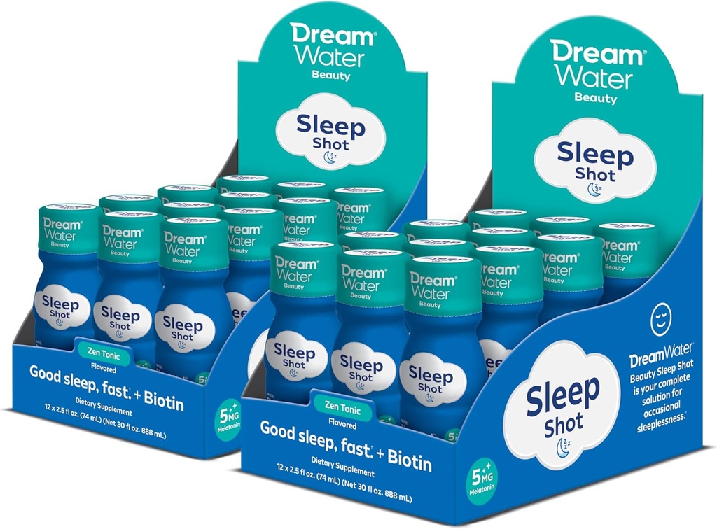 Dream Water Beauty Sleep Aid Drink Supplement; Melatonin 5mg, GABA, 5-HTP, Plus Biotin for Healthy Skin, Hair and Nails; 2.5 oz Liquid Sleep Shots, Zen Tonic 24-Count