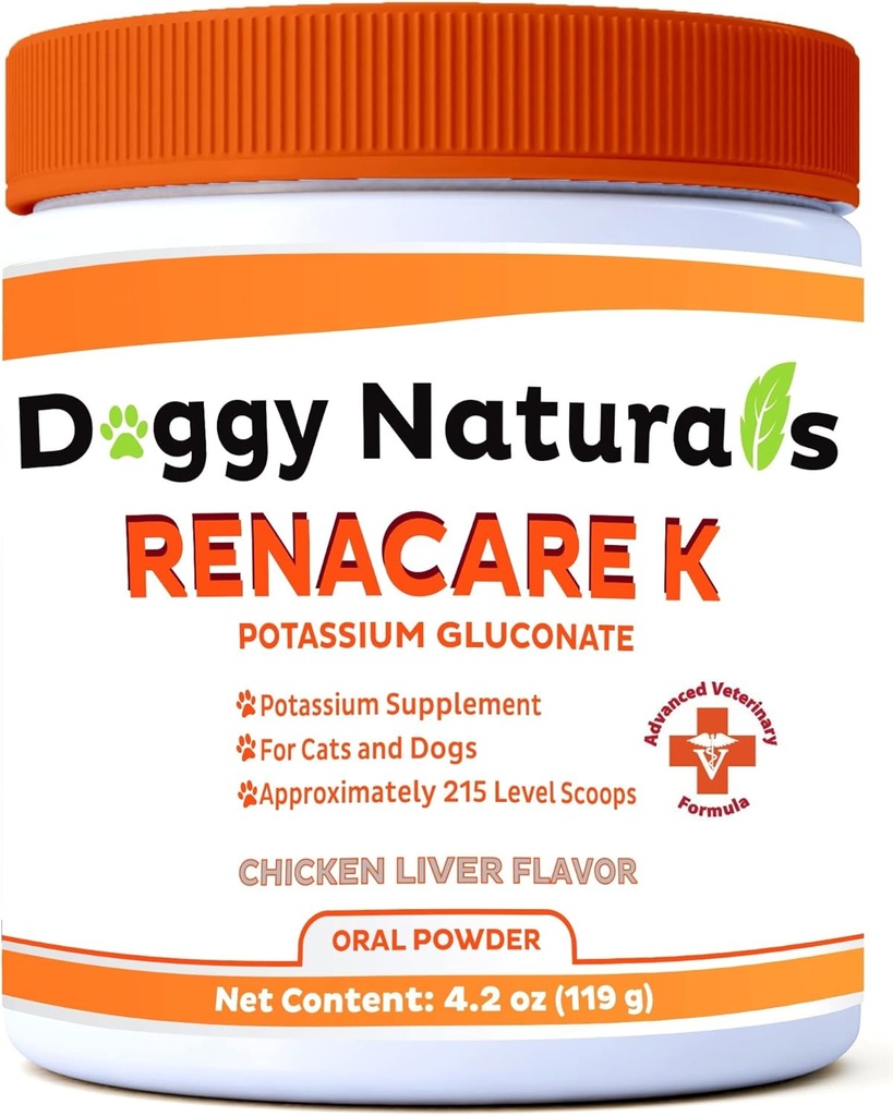 RenaCare K is for Renal K (Potassium Gluconate) Potassium Supplement Powder for Dogs and Cats, (4 oz) with Chicken Liver Flavor - 215 Level Scoop (Made is U.S.A)