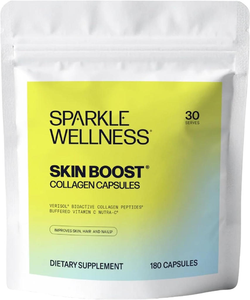 Sparkle Wellness Skin Boost Collagen Capsules (180 Pills) | 30 Days of 2500mg VERISOL Collagen Peptides & Vitamin C | Improves Skin Elasticity & Appearance of Fine Lines | Strengthens Hair & Nails