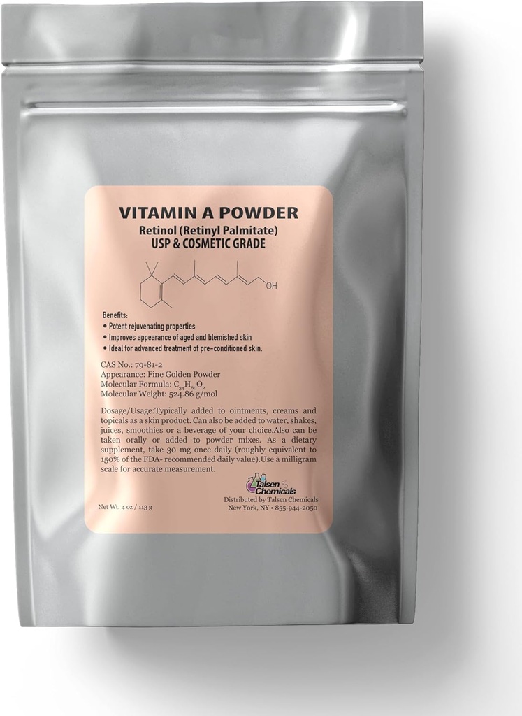 Vitamin A Powder Retinyl Palmitate, Pure Retinol Powdered Vitamin Water Soluble Vitamin A USP & Cosmetic Grade (4 oz. / 113 Grams)