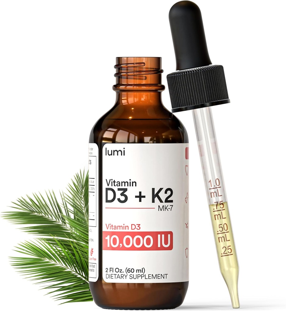 lumi Vitamin D3 K2 MK7 w Palm MCT Oil - 10000 IU D3, 200 mcg K2 MK7-60ml Liposomal Absorption Sublingual Liquid Drops - Non-GMO, Vegan, Unflavored Liquid - Monthly Supply - 2 Fl Oz