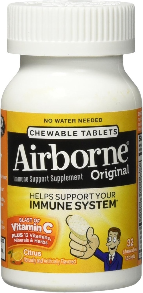 Airborne Citrus Chewable Tablets, 32 count - 1000mg of Vitamin C - Immune Support Supplement (Packaging May Vary)