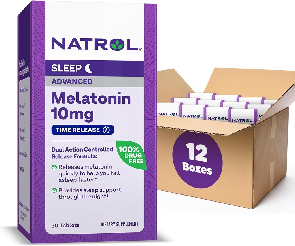 Natrol Advanced Sleep Melatonin 10mg, Dietary Supplement for Restful Sleep, Time Release Melatonin Tablets, 30 Time-Release Tablets, 30 Day Supply (Pack of 12)