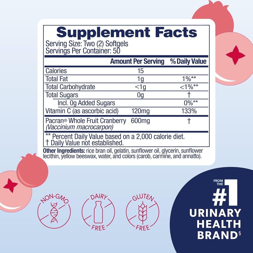 AZO Cranberry Pro Urinary Tract Health Supplement 600mg PACRAN, 1 Serving : More Than 1 Glass of Cranberry Juice, Sugar Free Cranberry Pills, Non-GMO 100 Softgels (Pack of 2)