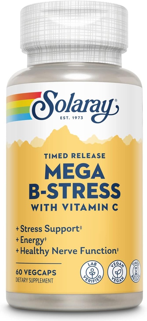 SOLARAY Mega Vitamin B-Stress, Timed-Release Vitamin B Complex with 1000 mg of Vitamin C for Stress, Energy, Red Blood Cell & Immune Support, 60 Day Guarantee, Vegan, 20 Servings, 60 VegCaps