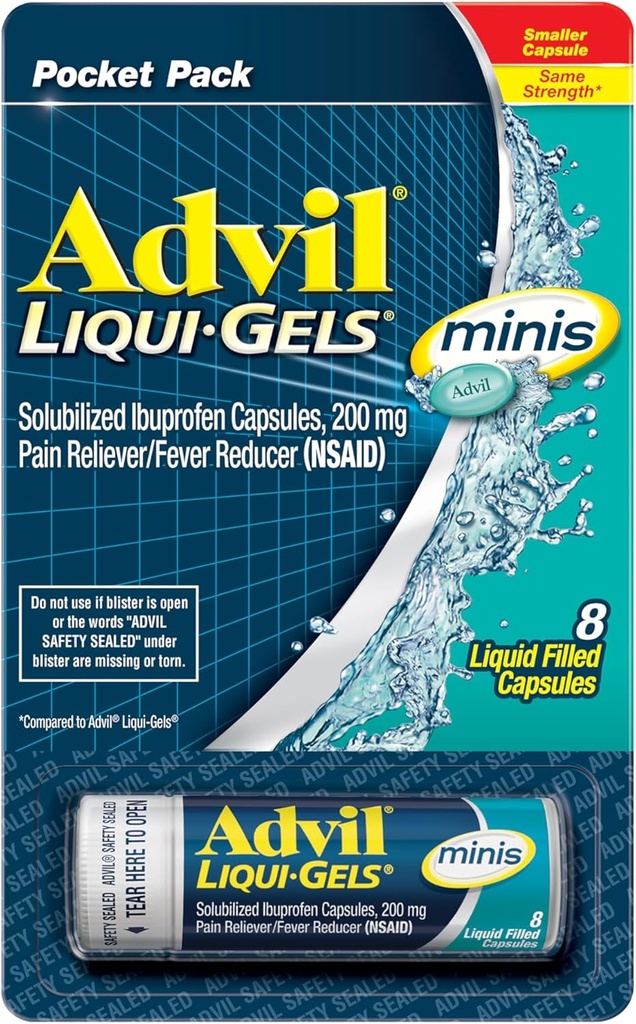 Advil Liqui-Gels minis Pain Reliever and Fever Reducer, Pain Medicine for Adults with Ibuprofen 200mg for Pain Relief - 8 Liquid Filled Capsules
