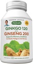 ANDREW LESSMAN Ginkgo 120 Plus Ginseng 200mg - 60 Capsules - Standardized Extract Blend to Support Brain, Memory and Cognitive Function. Adaptogen, Combats Stress and Fatigue. No Additives