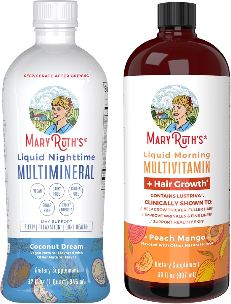 MaryRuth’s Nighttime Multimineral (Coconut, 32oz) & Multivitamin Liquid + Hair Growth (Peach Mango, 30oz) | Clean Label Project Verified® | Bedtime Routine & Beauty | Sugar-Free, Vegan, Gluten-Free