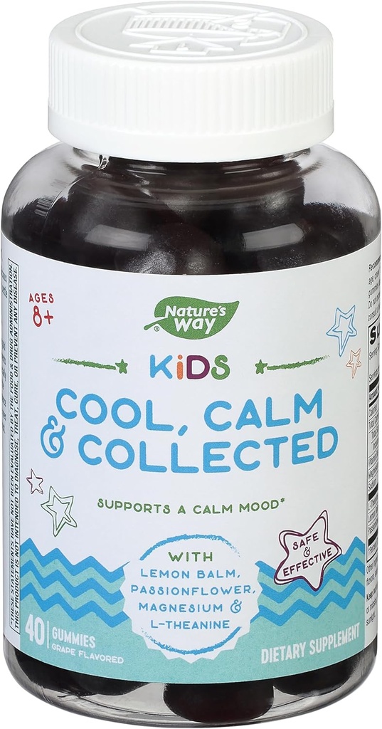 Nature's Way Kids Cool & Calm Gummies, Supports a Calm Mood in Kids Ages 8+*, Lemon Balm, Magnesium, Vitamin B6, L-Theanine, Grape Flavored, Vegetarian, 40 Count (Packaging May Vary)