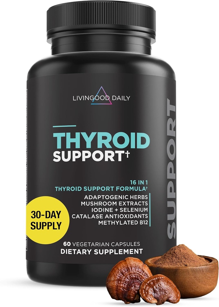Livingood Daily Thyroid Support Supplement, 16-in-1 Wellness Blend with Adaptogenic Herbs, Iodine, Magnesium and Selenium, Thyroid Support for Women & Men, Vegetarian Capsules, Gluten Free, 60 Count