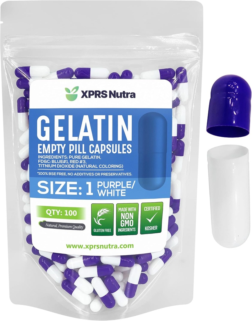 XPRS Nutra Size 1 Empty Capsules - 100 Count Empty Gelatin Capsules - Pill DIY Capsule Filling - Pure Bovine Pill Gel Caps for Do-It-Yourself Supplements (Purple/White)