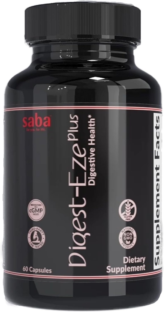 Saba Digestive-EZE Plus–Broad Spectrum Plant-Sourced Enzymes, Prebiotics & Probiotics -Support Digestive & Gut Functions, Immunity & Absorption with Betaine, Bromelain -60 Capsules