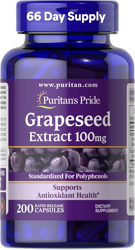 Puritan's Pride Grapeseed Extract 100mg with Citrus Bioflavonoid Complex, Dietary Supplement for Antioxidant and Heart Health Support, 200 Rapid Release Capsules