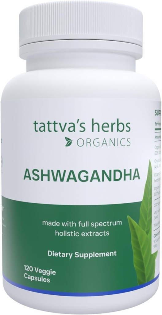Tattva's Herbs Organic Ashwagandha Capsules Supplement, 2 Month Supply, 120 Veggie Capsules