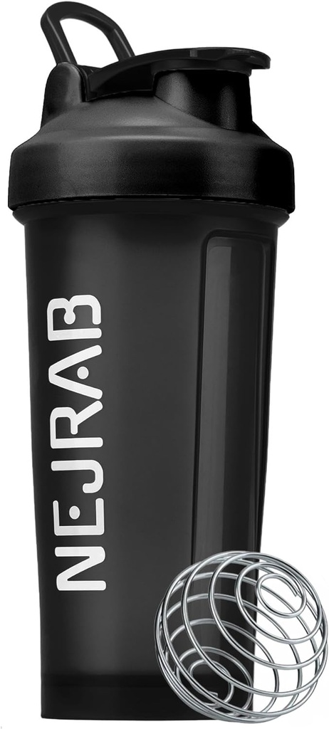 Protien Shaker Bottle with Wire Whisk Ball, Blender Bottles for Protien Mixes, Protein Shaker Cup, 28-Ounce, Protein Shaker Bottle, Protein Shake Bottle (Black), Medium, NJB 28-Oz