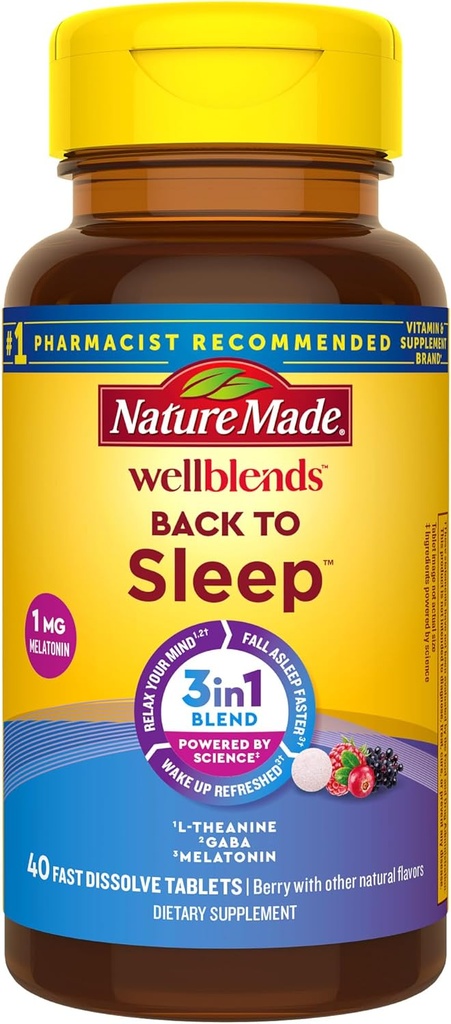 Nature Made Wellblends Back To Sleep, Lower Dose Melatonin 1 mg, L theanine 100 mg and GABA 100mg, Sleep Supplement, 40 Fast Dissolve Tablets