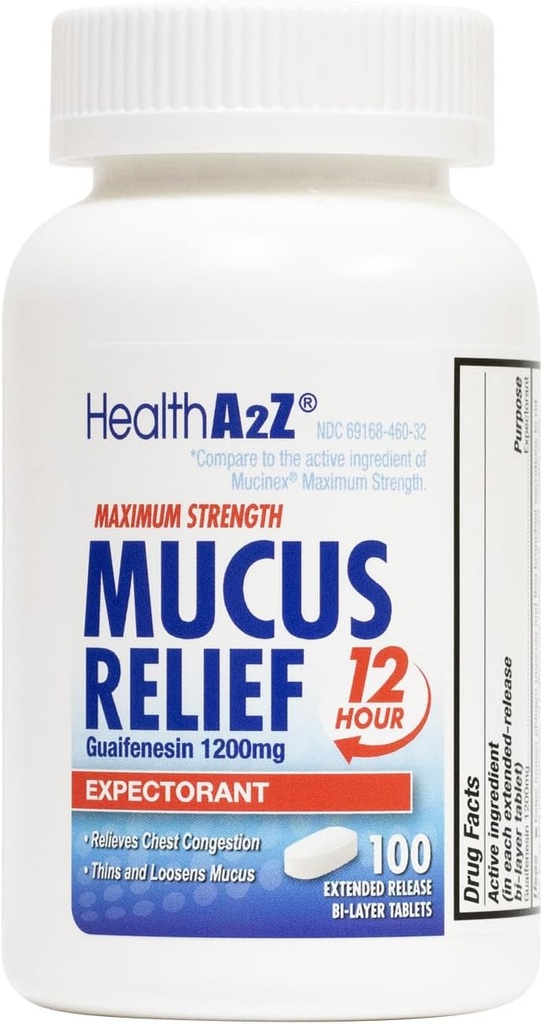 HealthA2Z® Mucus Relief | Guaifenesin 1200 mg | 100 Tablets | Maximum Strength | 12 Hour | Expectorant | Relieves Chest Congestion | Thins and Loosens Mucus (100 Tablets)