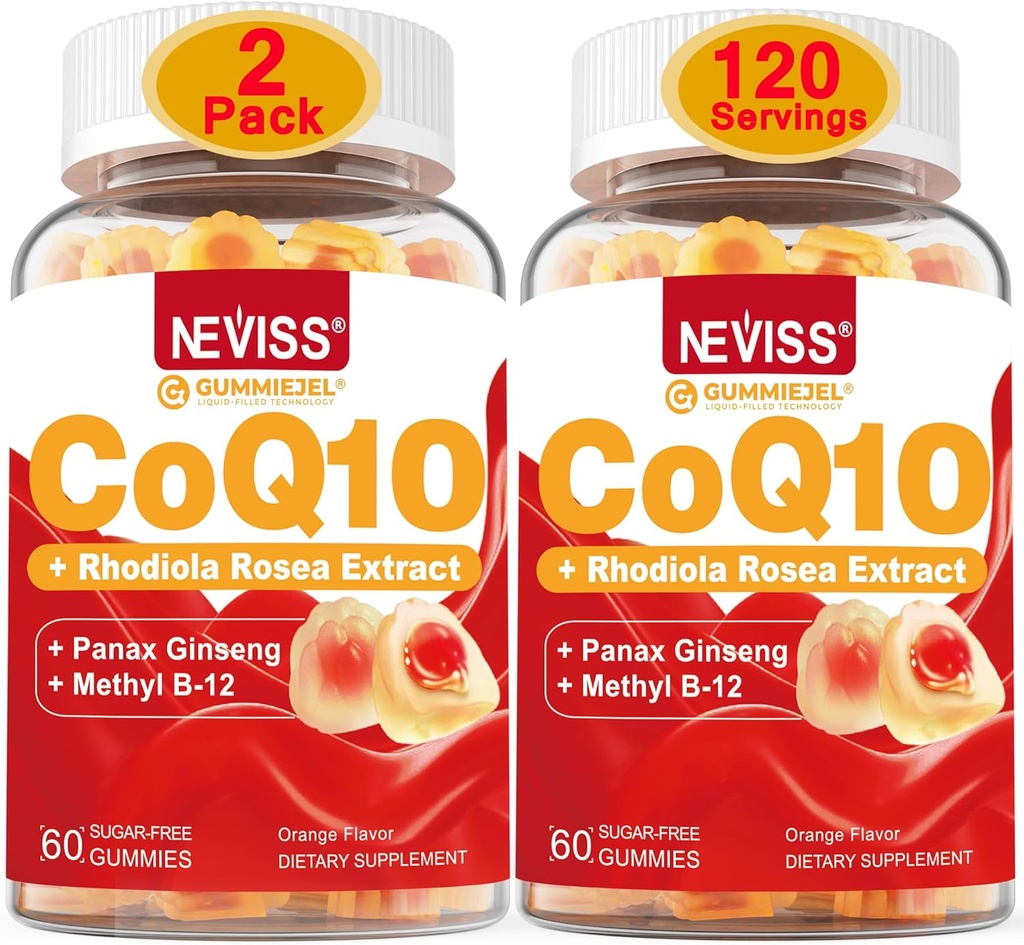 NEVISS Sugar Free CoQ10 Filled Gummies with Vitamin B12 1000mcg, Rhodiola Rosea and Panax Ginseng Extract, Vitamin B6, Coenzyme Q10 Supplement, 2 Pack