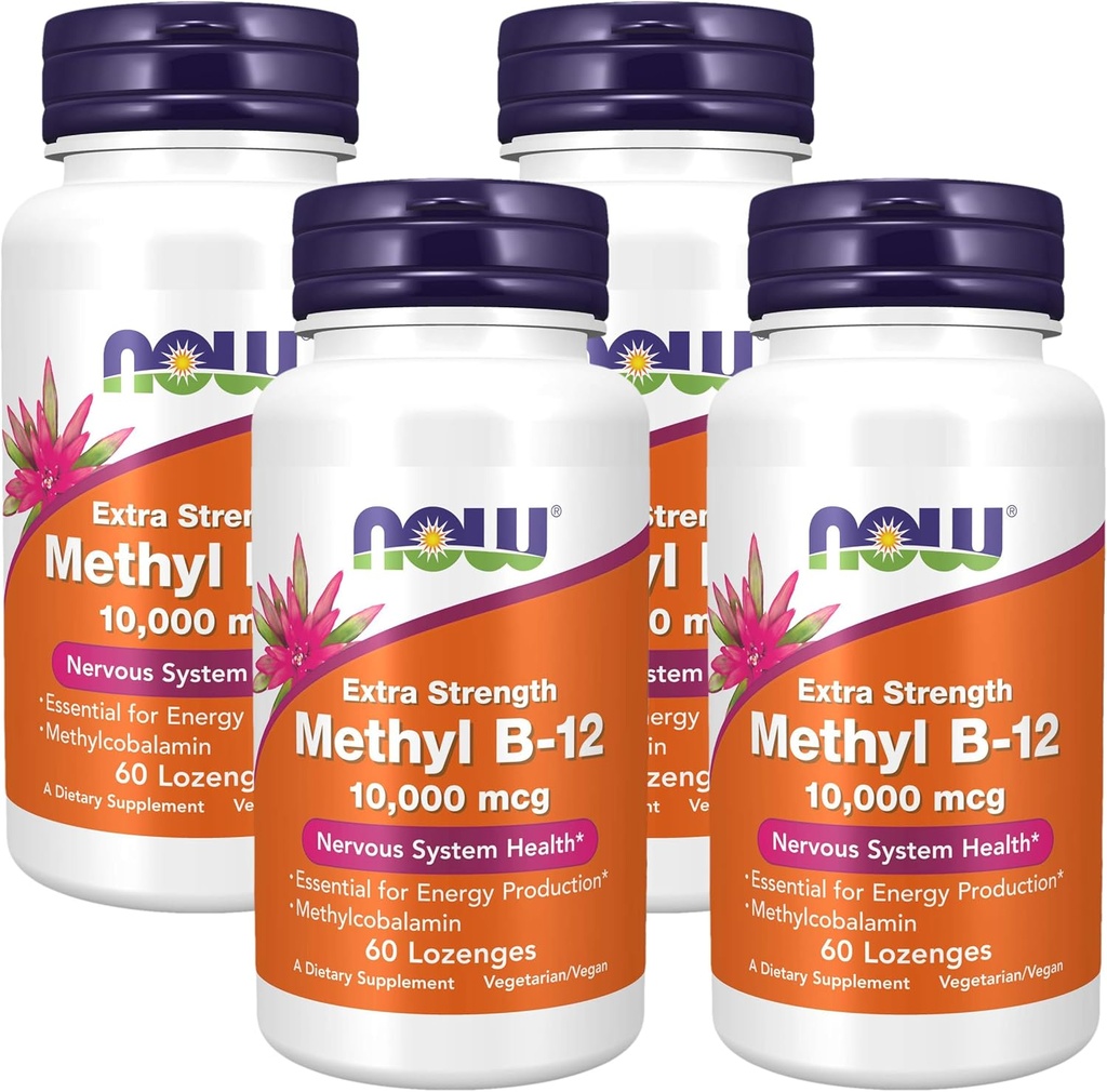 NOW Supplements, Methyl B-12 (Methylcobalamin) 10,000 mcg, Nervous System Health*, 60 Lozenges (Pack of 4)