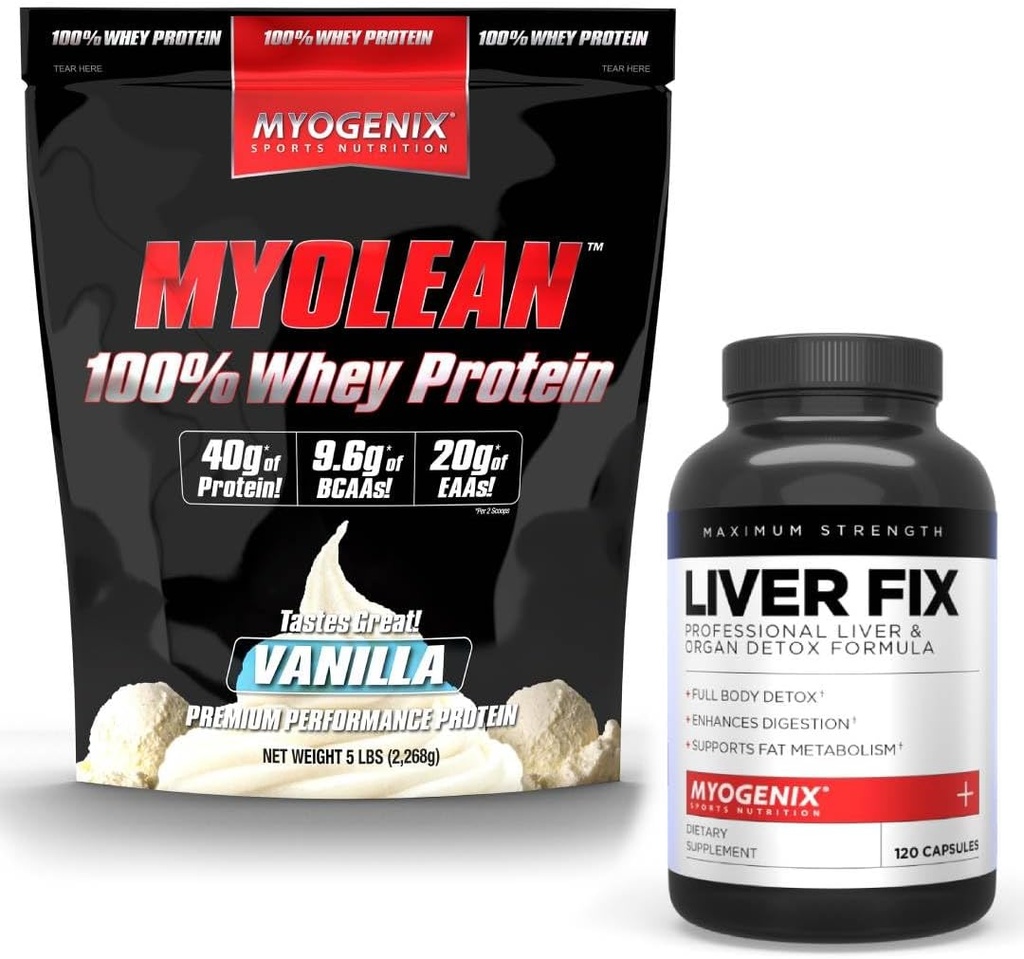 Myogenix Liver Support Supplement & Myolean Vanilla Whey Protein – Advanced Liver Health & Muscle Recovery with 40g High-Protein Whey – Support Detox, Growth & Performance